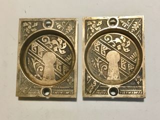 Pair Antique Vintage Brass Victorian Eastlake Ornate Pocket Door Finger Pulls