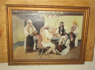 Antique Folk Art Oil Painting On Board Family Listing To Wise Advice From Elder
