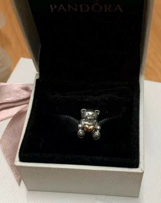 Pandora Teddy Bear Charm/bracelet With Gold Heart Rare