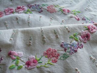 Vintage Hand Embroidered Linen Tablecloth - Exquisite Starburst & Floral Ring