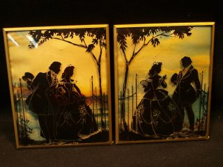 2 Antique Frmd Curved Reverse Paint Glass Sillouette Victorian Couple Art Prints