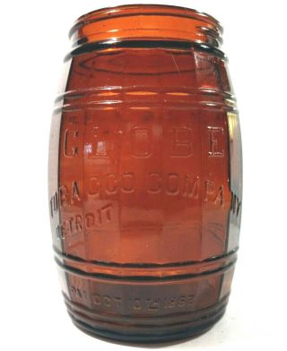 Antique 1882 Globe Tobacco Company Brown Amber Barrel Glass Jar (ab1033)