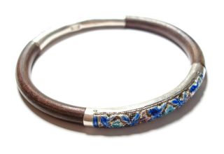 Antique Chinese Silver And Enamel Mounted Wood Bangle