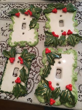 Vintage Christmas Holly Porcelain Light Switch Cover Plate Floral Hand Painted