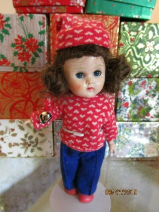 Vintage 1950s Ginny Doll W Straight Legs Walker Red Heart Sweater & Cap Navy Pnt