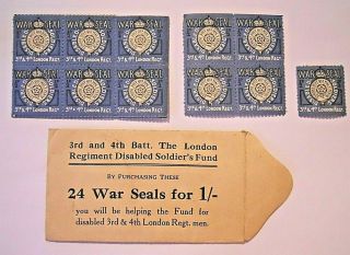Ww1 Rare War Seal Stamps 3rd & 4th Batt.  London Regiment Disabled Soldiers Fund