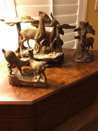 Vintage Black Forest Carved Wood Group Of 3 Separate Sculptures Of Deer
