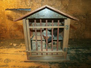 Vintage Antique Wooden Toy Automaton Chicken Rooster Coop Mechanical Chirper