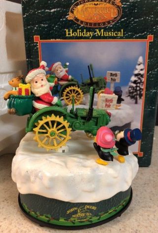 Rare Enesco John Deere Christmas Santa Claus Moving Tractor Music Box Penguin