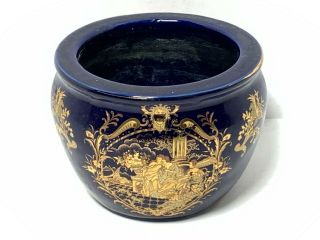 Estate Antique Chinese Satsuma Porcelain Bowl - Royal Blue W/ Gold Details