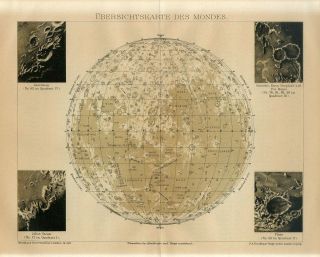 1895 Planet Moon Craters Astronomy Celestial Antique Lithograph Map