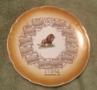 Antique 1908 Calendar Plate With A Lion