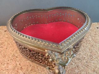 Antique Ormolu Brass Beveled Glass Art Nouveau Heart Jewelry Casket Display Box