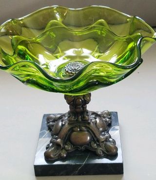 Vintage Lime Green Glass Brass Italian Marble Pedestal Centerpiece Compote Bowl