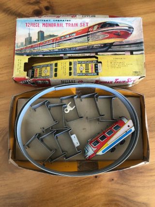 Rare Haji Battery Operated 12 Piece Tin Monorail Train Set Japan 2653