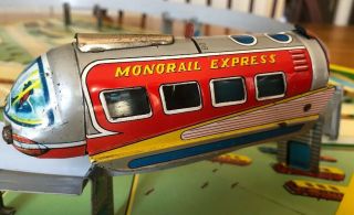 Rare HAJI Battery Operated 12 Piece Tin Monorail Train Set Japan 2653 3