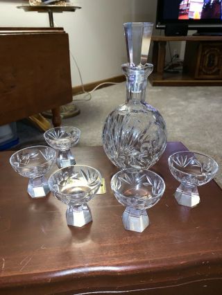 Heavy Brilliant Cut Glass Crystal Liquor Decanter With Stopper & 5 Glasses