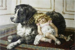 Victorian Girl & Newfoundland Dog Canvas Art Print - 11 " X 8.  5 "
