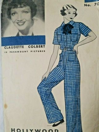 Rare Hollywood 1930s Vintage Sewing Pattern B 34 Pantsuit Pajamas 30 