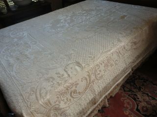 Bedspread / Coverlet Antique Brocade Fringed Full Size Ivory Made In Italy
