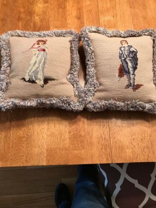 Pair Vintage Handmade Needlepoint Pinky Blueboy Accent Pillows Beige 10.  5” Sq