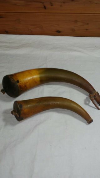 2 Antique Powder Horns W/wood Tops Hunting Decor