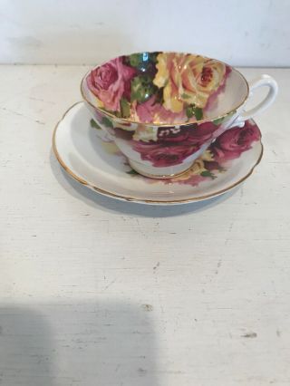 Vintage Stanley Cup & Saucer Large Pink & Yellow Roses On Blue China