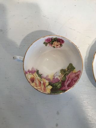 Vintage Stanley Cup & Saucer Large Pink & Yellow Roses On Blue China 3