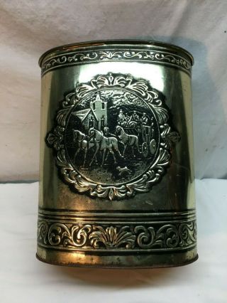 Vintage Mid Century Gold Tone Trash Can Horse And Carriage Embossed 13in