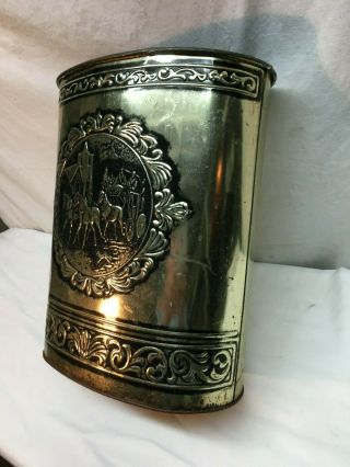 Vintage Mid Century Gold Tone Trash Can Horse and Carriage Embossed 13in 2