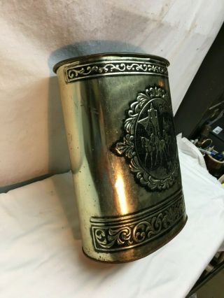 Vintage Mid Century Gold Tone Trash Can Horse and Carriage Embossed 13in 3