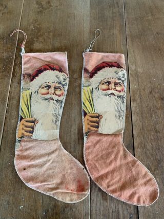 2 - Antique/vintage Christmas Stockings - Santa Claus,  Red Felt,  Rare Late 1800s