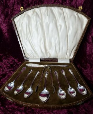 Rare Art Deco Silver Plate 8 - Piece Teaspoon,  Tongs Etc Set In Fab Case - Ew & Co