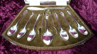 Rare Art Deco Silver Plate 8 - piece Teaspoon,  Tongs etc Set in Fab Case - EW & Co 2