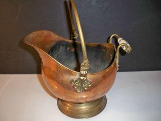 Vintage Copper And Brass Ash Bucket With Brass And Delft Handle 8 1/2 Inches