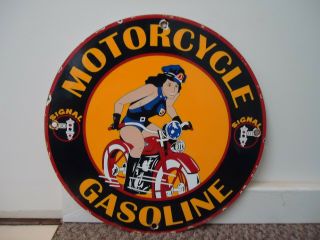 Rare Old Dated 1948 Signal Motorcycle Gasoline Porcelain Gas Sign Stop Light
