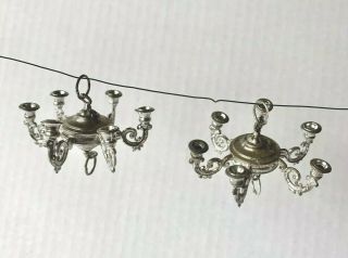 Antique Vintage Dollhouse Miniature Set Of Two Metal Chandeliers Made In Germany
