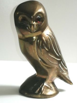Rare Heavy Antique Brass Figure Of An Owl With Red Glass Eyes -