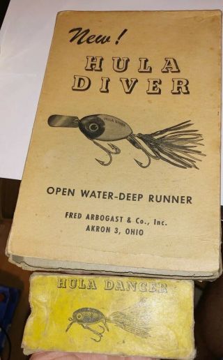 Rare Fred Arbogast Hula Diver Dealer Box Plus Hula Dancer Box