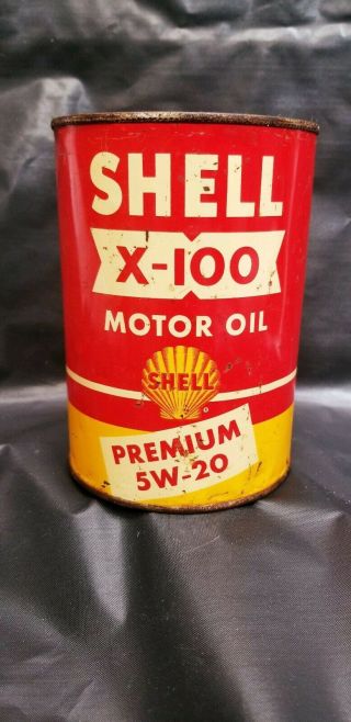 Vtg 1940s 50s Shell X - 100 Motor Oil 1 Quart Oil Can Premium Tin Rare Gas Station