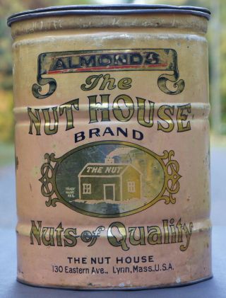Antique The Nut House Almonds Lrg.  10 Lb.  General Store Advertising Tin
