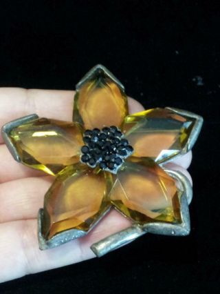 Vtg Extremely Rare - Signed Roth & Feder Lg Brooch W Amber Glass Panels & Cabs