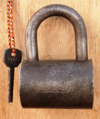 1930s Antique Cylindrical Shape Houseking Marked Solid Heavy Iron Pad Lock