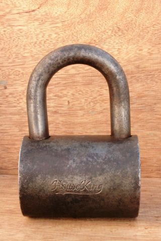1930s Antique Cylindrical Shape HOUSEKING Marked Solid Heavy Iron pad lock 3