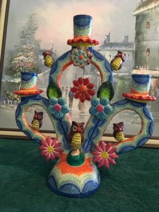 Vintage Tree Of Life Mexican Folk Art Pottery Candelabra Owls,  Handmade - Rare