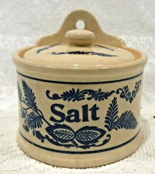 Vintage 1940s Farmhouse Blue And White Stoneware Salt Cellar Crock