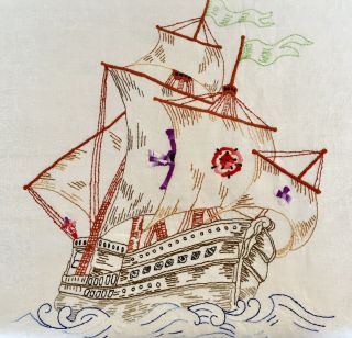 Vintage Hand Embroidered Acorn Damask Tablecloth Sailing Ship Maritime