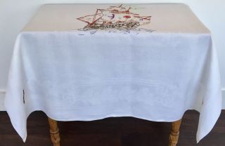 Vintage Hand Embroidered Acorn Damask Tablecloth Sailing Ship Maritime 3