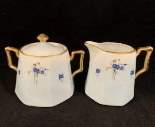 Antique Porcelain China Light Blue Floral Creamer Sugar Bowl
