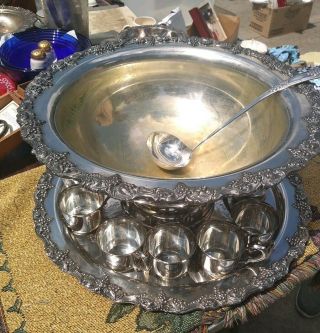 Massive Vintage Panel Grape Punch Bowl Ladel 12 Cups Silver Plated Ornate Rare